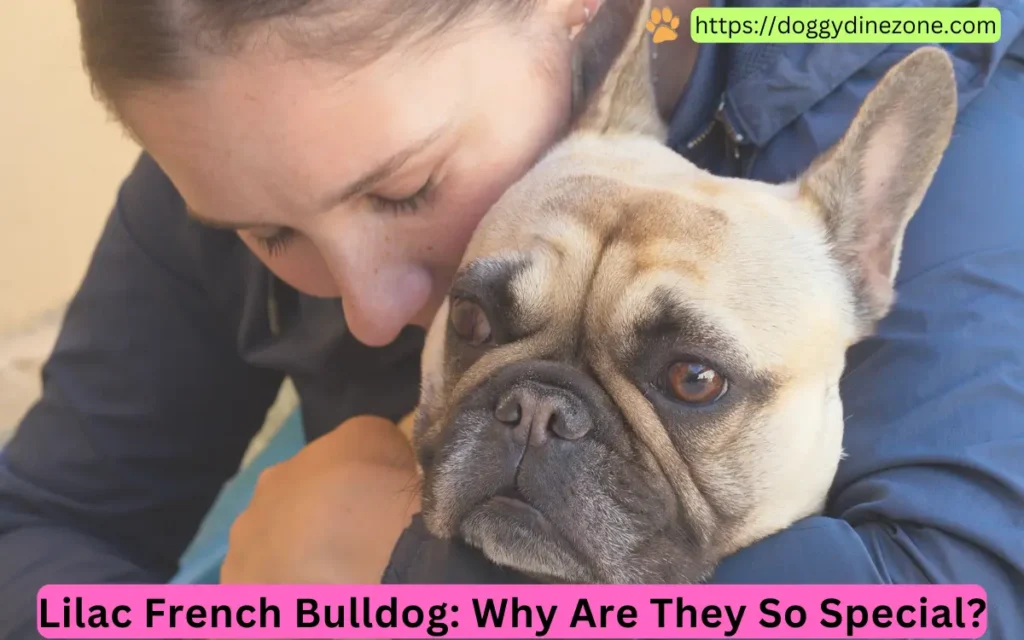 A woman hugging a lilac French Bulldog with a loving expression