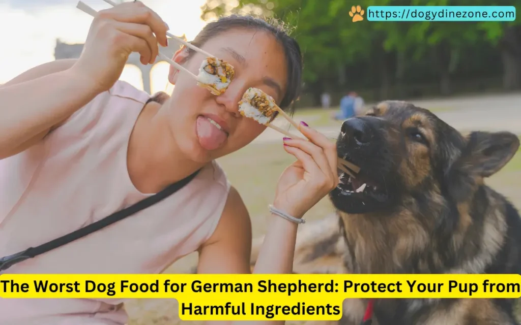 A German Shepherd dog trying to eat food while a person playfully holds sushi in front of their face, with the text 'The Worst Dog Food for German Shepherd: Protect Your Pup from Harmful Ingredients' at the bottom