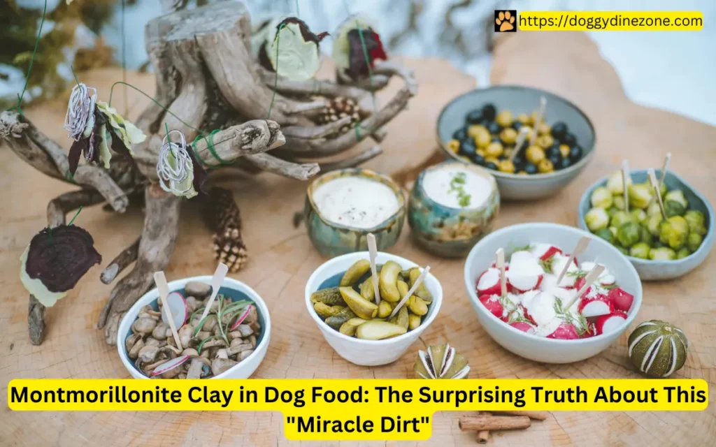 A wooden table with natural snacks and dips, with a decorative branch centerpiece. The text highlights Montmorillonite Clay in Dog Food as a surprising ingredient