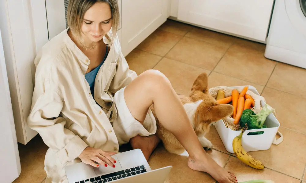 A woman sitting on the kitchen floor with a laptop, next to her dog and a basket of fresh vegetables, including carrots and broccoli, representing plant-based dog food